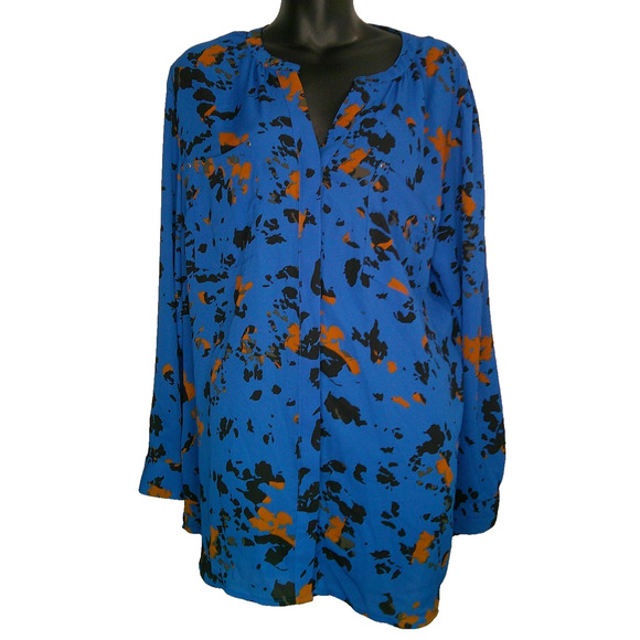 Apt 9 Long Sleeve Blue Hidden Button Blouse Splatter Pattern Leopard Pockets - Picture 1 of 4